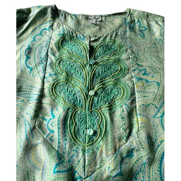 Coldwater Creek Woman's Sz L Green Turquoise Silk Embroidered Tunic Blouse - Picture 7 of 9